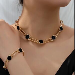 Chunky Luxury Gold Chain Necklace & Bracelet Set with Bold Black Accents Modern